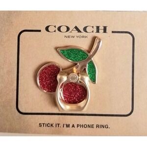 Coach Cherry Phone Ring Grip Gold Red Glitter Enamel F69230 New Coquette
